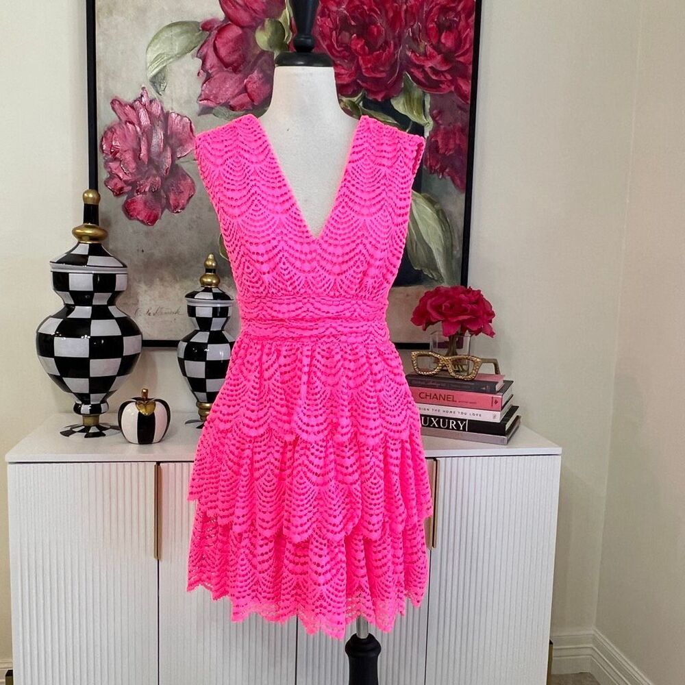 Lilly Pulitzer Women's Faye V-Neck Scalloped Lace Ruffle Dress Pink Size Small